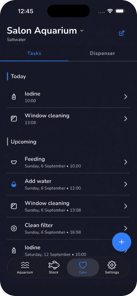 Aquafy maintenance tasks screen