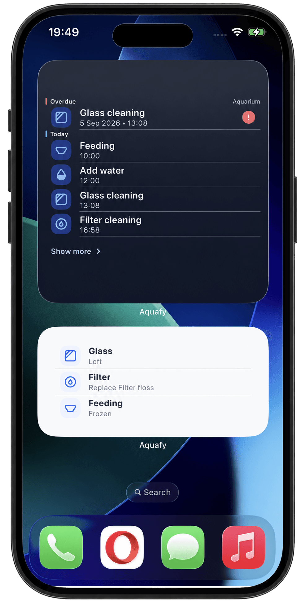 Aquafy home-screen widgets for tasks and recent activity