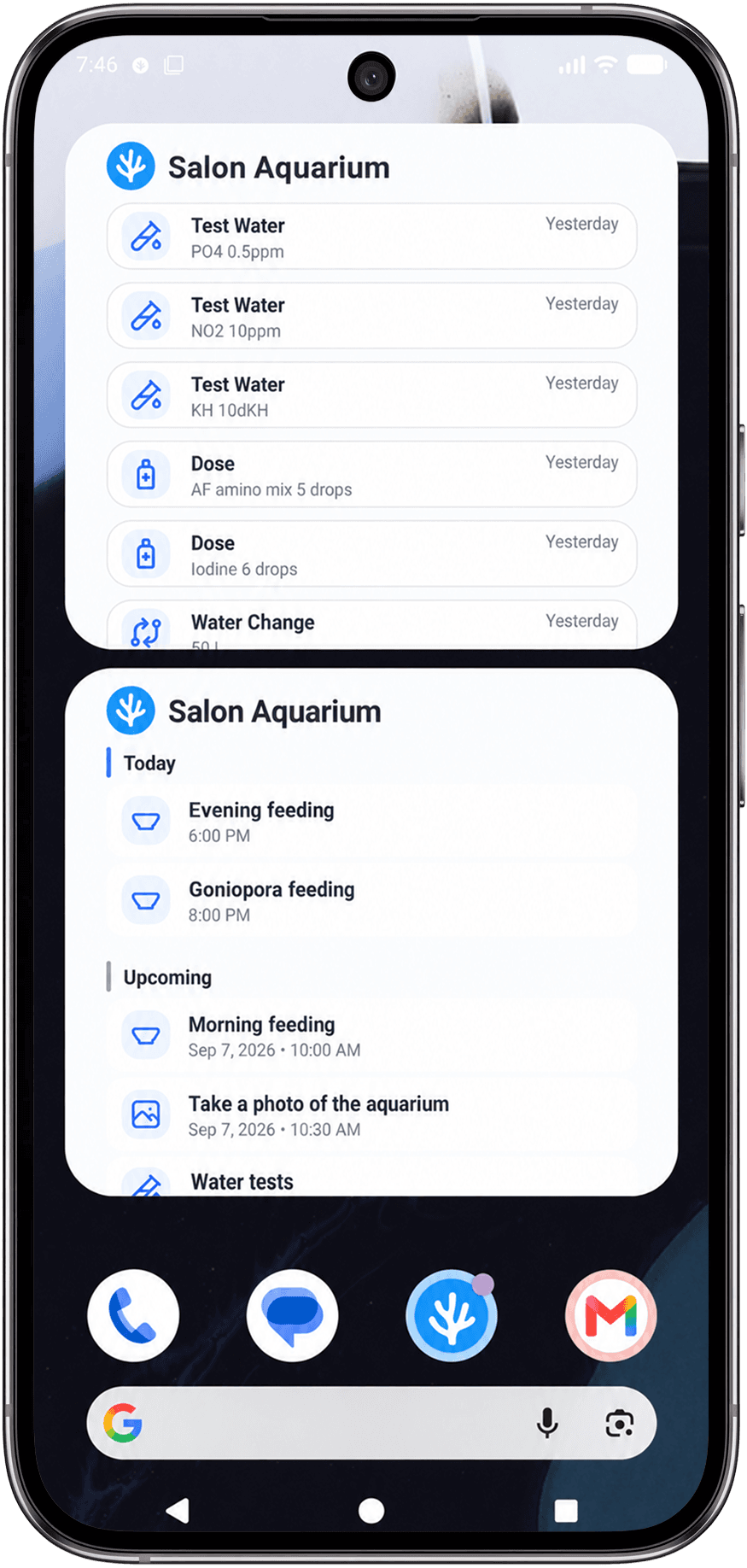 Aquafy home-screen widgets for tasks and recent activity