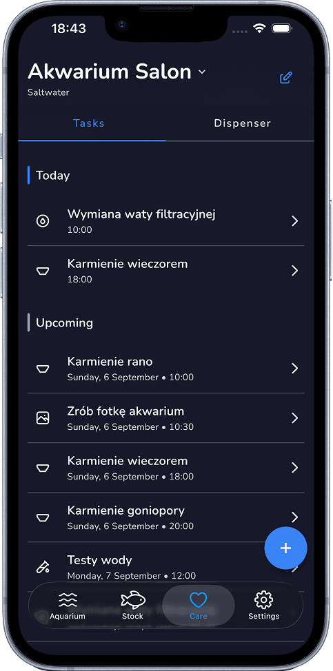 Ekran zadań pielęgnacyjnych Aquafy
